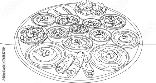 Continuous Line Drawing of a Delicious Turkish Mezze Platter Fea
