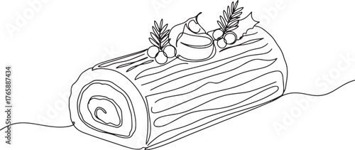 Elegant continuous line drawing of a traditional yule log cake i