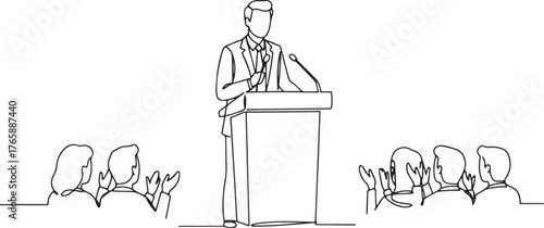 Continuous Line Drawing of Man Speaking at Podium with Audience
