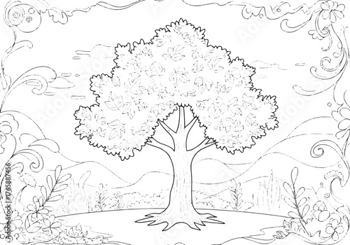 Enchanting maple tree scene for coloring book activities and nat