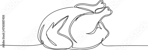 Minimalist continuous line drawing of a roasted chicken on a whi