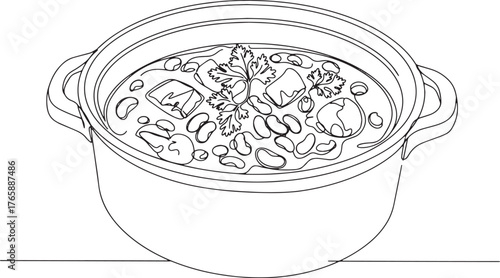 Elegant line drawing of Iranian Ghormeh Sabzi in a traditional p