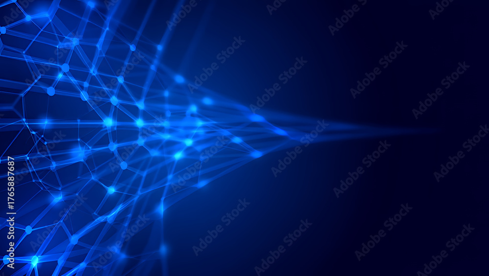 Fototapeta premium Abstract digital network with blue glowing dots and lines, connecting data points on a dark background
