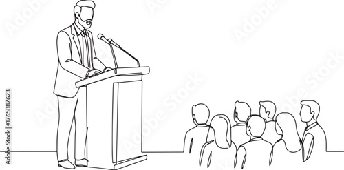 Minimalist line drawing showcasing speaker at podium addressing
