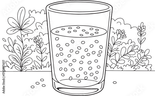Whimsical chia seed drink illustration surrounded by leafy botan