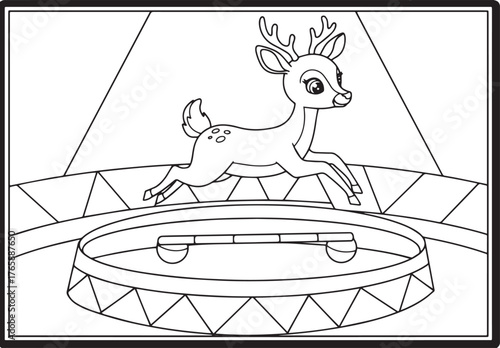 Adorable deer jumping over a circus ring ready to be colored in