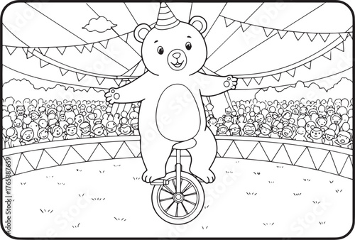 Cartoon Bear Riding Unicycle in Circus Tent Black and White Line