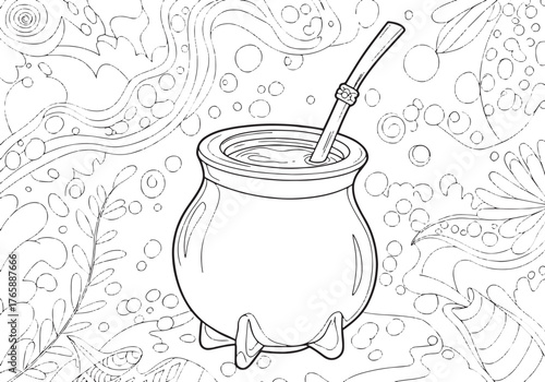 Detailed black and white line art illustration of yerba mate cup