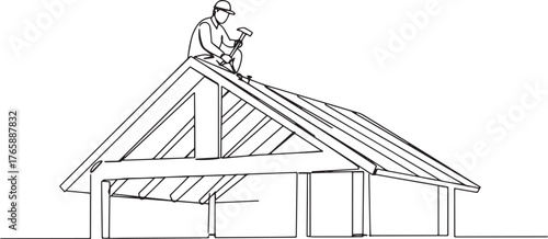 Continuous line drawing of a man repairing the roof with a hamme