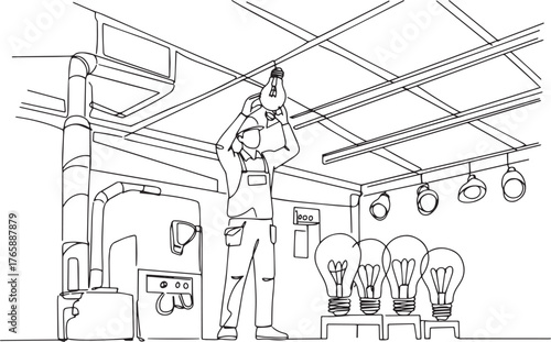 Single line drawing of a skilled electrician replacing old bulb