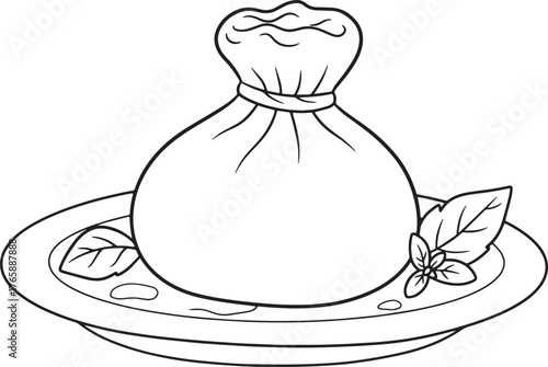 Elegant monochrome illustration of burrata cheese with fresh bas