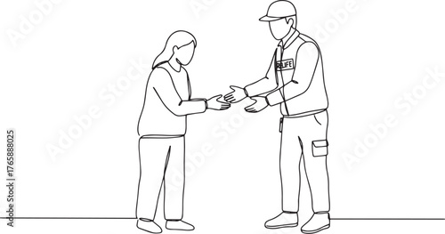 Continuous line drawing of a volunteer handing aid to a recipien