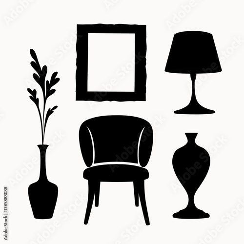 Black silhouette of living room interior with chair lamp frame and vases on a white background