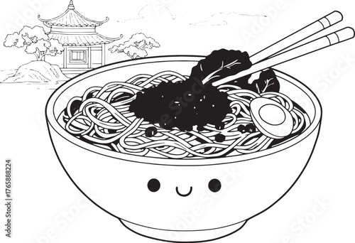 Cute Dan Dan Noodles Illustration with Chinese Building in the B