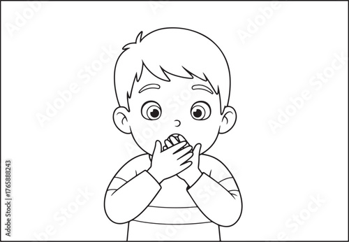 Line art of a surprised boy covering mouth with hands, expressin