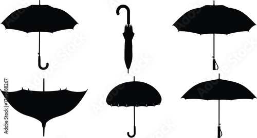 Umbrella silhouettes, curved handles, closed and open styles, canopy shapes, black icons, weather gear, fashion accessory, rain protection
