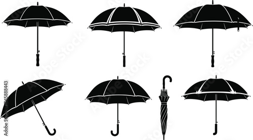 Umbrella silhouettes, open and closed styles, curved handles, angled views, canopy variations, black icons, rain gear, fashion accessory