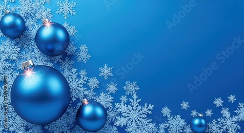 Vibrant blue christmas baubles and snowflakes creating a festive corner design on a deep blue background, ideal for winter celebrations and seasonal promotions