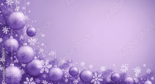 Festive purple christmas ornaments and snowflakes adorn a soft lavender background, creating a beautiful holiday border for your design needs