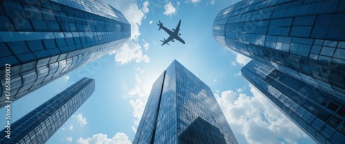 Airplane panoramic view flying on business skyscrapers of financial center. Travel, economy, cargo, transportation concept