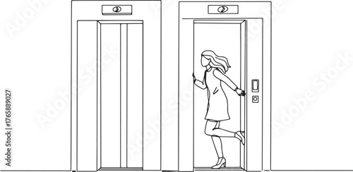 Silhouette of a woman rushing to catch an elevator, line drawing