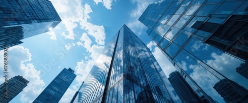 Airplane panoramic view flying on business skyscrapers of financial center. Travel, economy, cargo, transportation concept