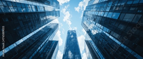 Airplane panoramic view flying on business skyscrapers of financial center. Travel, economy, cargo, transportation concept