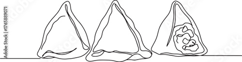 Elegant continuous line drawing of three samosas offering a mini