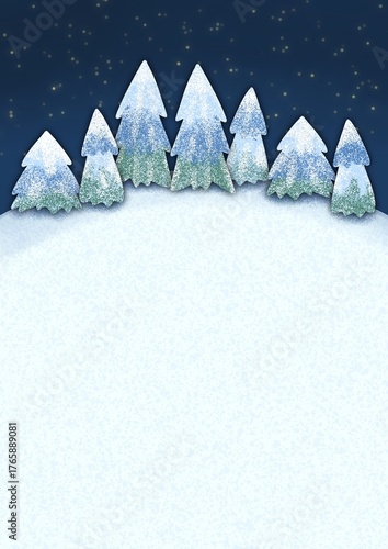 Snow-covered pine trees and fields in the background