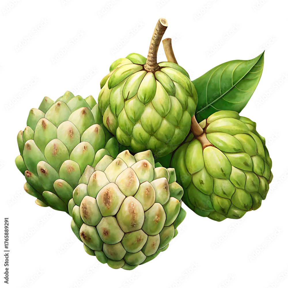 Obraz premium Delicious and healthy custard apple fruit composition with fresh green leaves