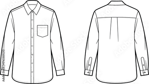 Classic button down shirt flat sketch, front and back view, detailed fashion cad drawing for apparel design technical vector illustration