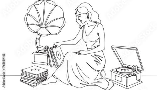 Elegant woman with vintage record player conveying musical nosta