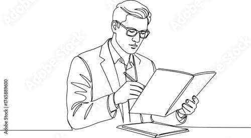 Elegant continuous line drawing illustrating a man reviewing doc