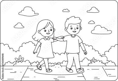 Cartoon couple taking a leisurely stroll through a park under a