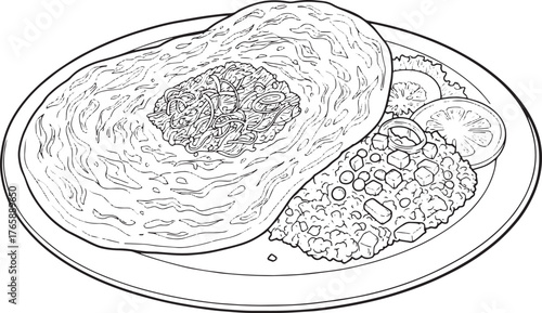 Detailed line art illustration of kottu roti, a popular Sri Lank
