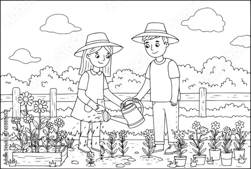 A couple tending to their flower garden, watering plants on a su