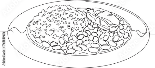 Minimalist continuous line drawing of a Belizean rice and beans