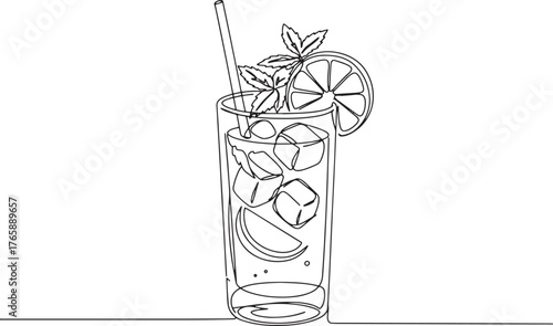 Single line drawing of a refreshing virgin mojito, summer cockta