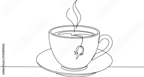 Elegant continuous line drawing of a steaming cup of rose tea on