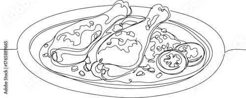 Monochrome continuous line drawing of chicken adobo meal on a pl