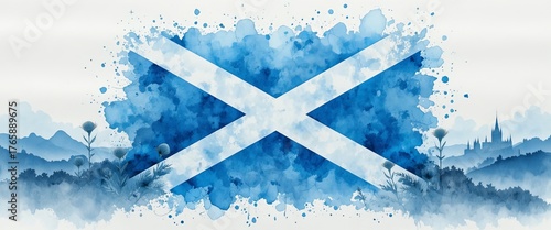 Watercolor illustration Grunge painted Scotland flag in beautiful landscape. Template for invitation, poster, flyer, banner. Abstract watercolor splashes flag of Scotland. Saint Andrew day concept