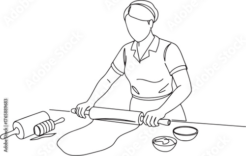 Line art illustration of a woman rolling out dough in a kitchen