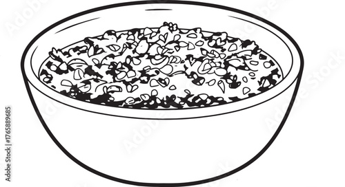 Illustration of chimichurri sauce in a white bowl on a decorativ