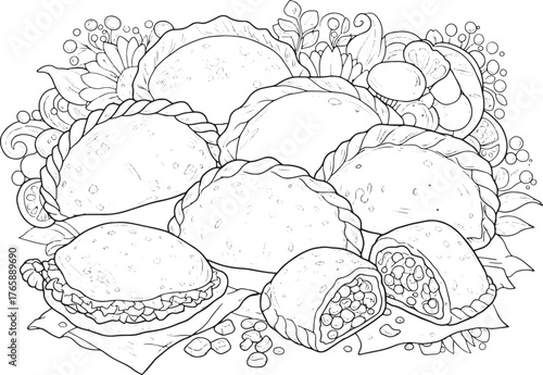Detailed line drawing featuring an arrangement of savory stuffed