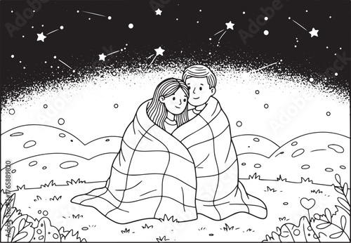 Cozy couple stargazing illustration under blanket, romantic nigh