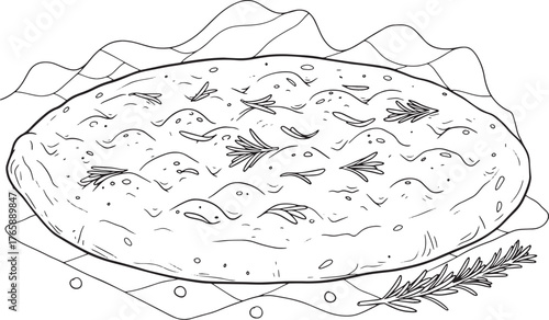Hand drawn illustration of focaccia bread with rosemary on a clo