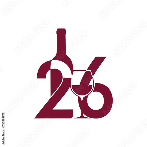 Vector art of elegant graphic design featuring the number 26 integrated with a wine bottle and glass, symbolizing celebration or an anniversary in the wine industry