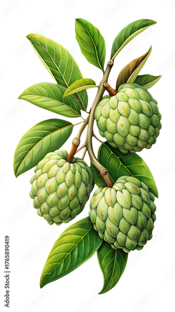 Fototapeta premium Artistic rendering of three custard apples hanging on a branch with leaves