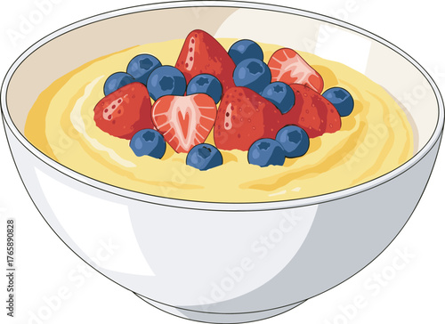 Vanilla pudding dessert, creamy custard bowl, topped with fresh strawberries, blueberries, healthy fruit snack, vibrant colors, sweet treat, gourmet food photography