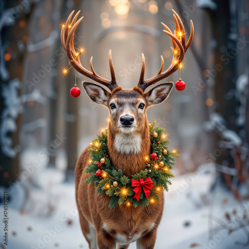 A large buck deer adorned with a glowing Christmas wreath around its neck and ornaments hanging from its antlers in a winter forest 